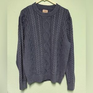 L.L. Bean Dusty Blue Chunky Cable Knit Fisherman Coastal Sweater Sz L Cotton